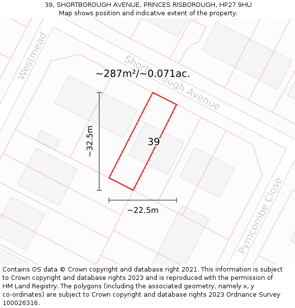 39, SHORTBOROUGH AVENUE, PRINCES RISBOROUGH, HP27 9HU: Plot and title map