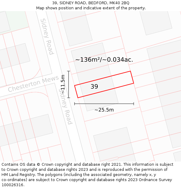 39, SIDNEY ROAD, BEDFORD, MK40 2BQ: Plot and title map