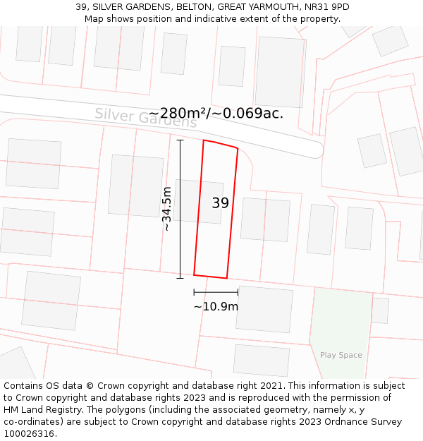 39, SILVER GARDENS, BELTON, GREAT YARMOUTH, NR31 9PD: Plot and title map