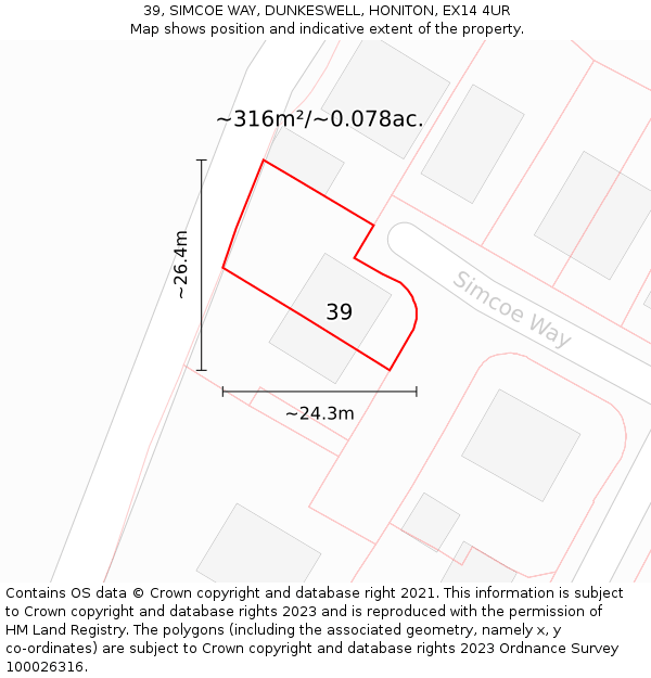 39, SIMCOE WAY, DUNKESWELL, HONITON, EX14 4UR: Plot and title map