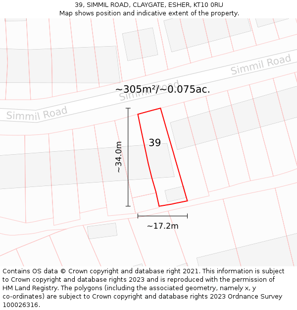 39, SIMMIL ROAD, CLAYGATE, ESHER, KT10 0RU: Plot and title map