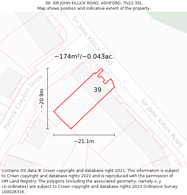 39, SIR JOHN KILLICK ROAD, ASHFORD, TN23 3SL: Plot and title map