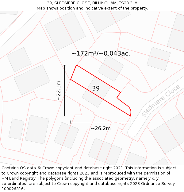 39, SLEDMERE CLOSE, BILLINGHAM, TS23 3LA: Plot and title map