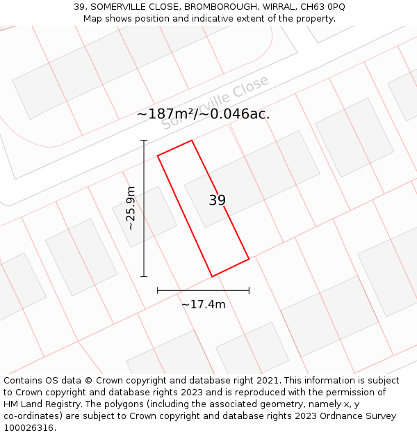 39, SOMERVILLE CLOSE, BROMBOROUGH, WIRRAL, CH63 0PQ: Plot and title map