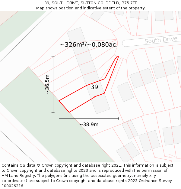 39, SOUTH DRIVE, SUTTON COLDFIELD, B75 7TE: Plot and title map