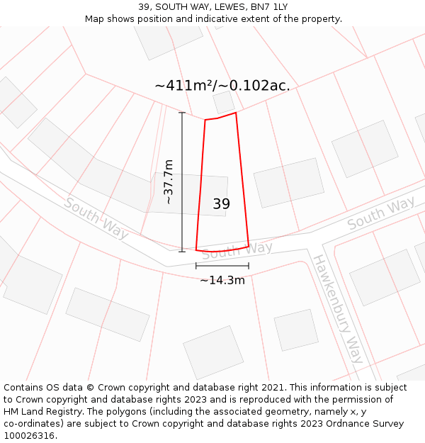 39, SOUTH WAY, LEWES, BN7 1LY: Plot and title map