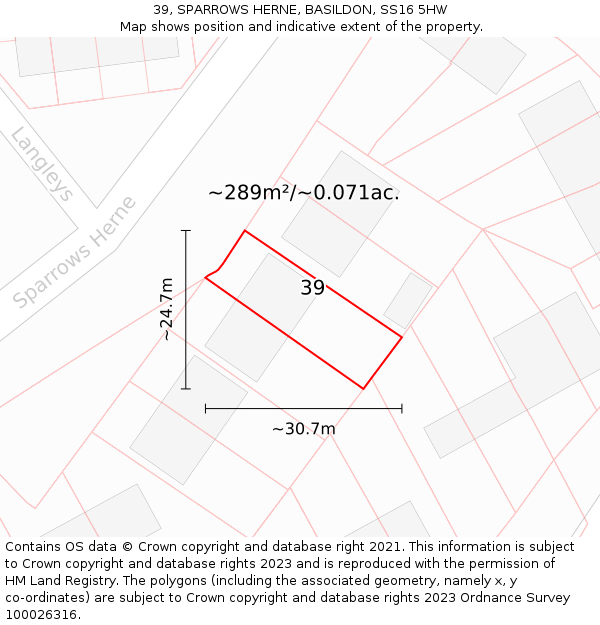 39, SPARROWS HERNE, BASILDON, SS16 5HW: Plot and title map