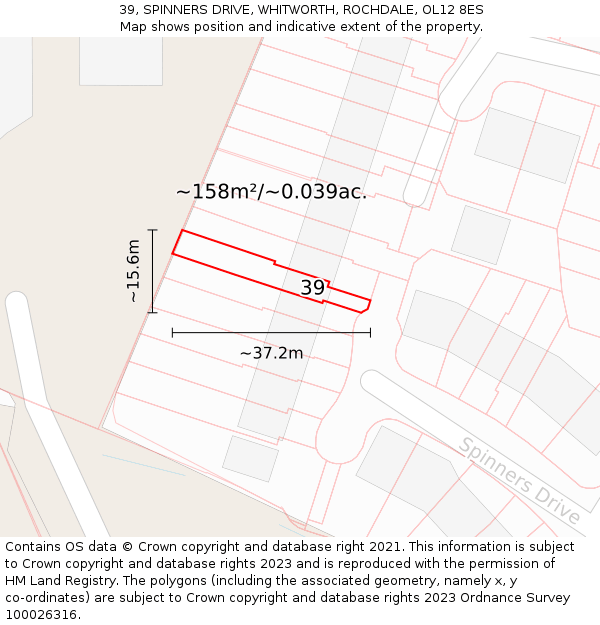 39, SPINNERS DRIVE, WHITWORTH, ROCHDALE, OL12 8ES: Plot and title map