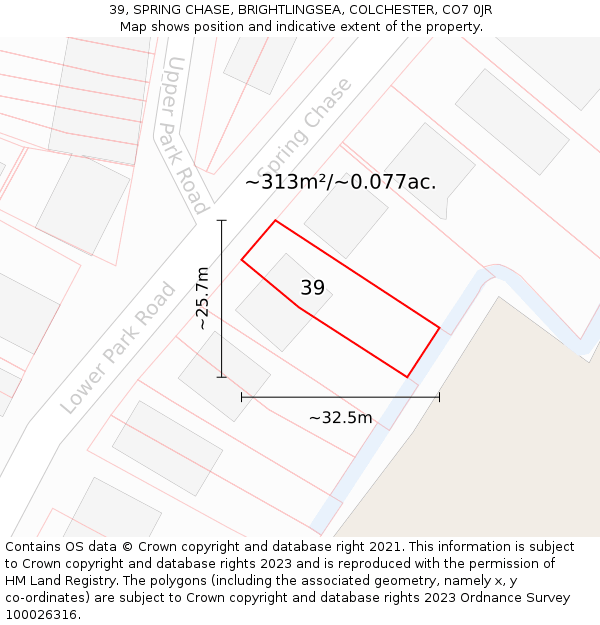 39, SPRING CHASE, BRIGHTLINGSEA, COLCHESTER, CO7 0JR: Plot and title map