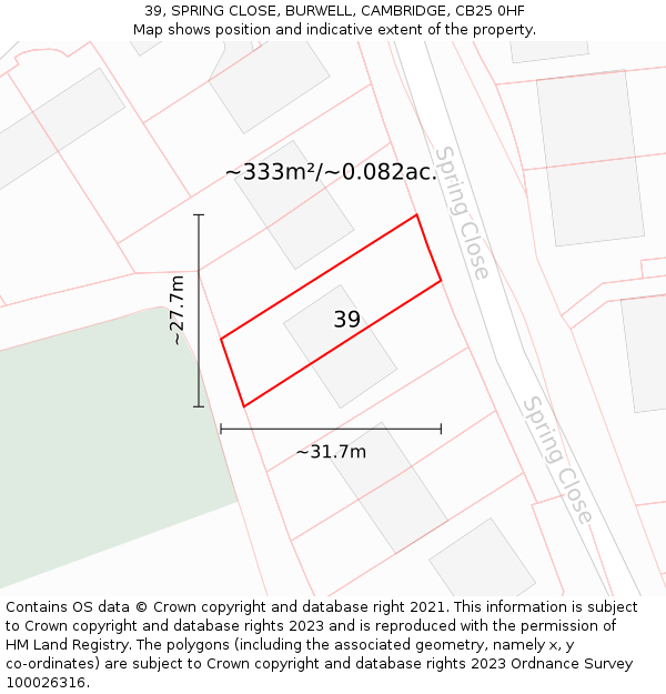 39, SPRING CLOSE, BURWELL, CAMBRIDGE, CB25 0HF: Plot and title map