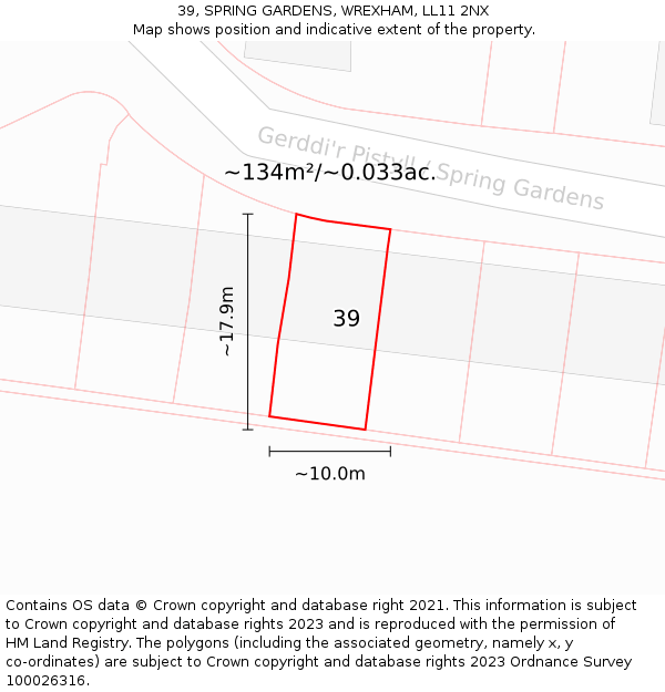 39, SPRING GARDENS, WREXHAM, LL11 2NX: Plot and title map