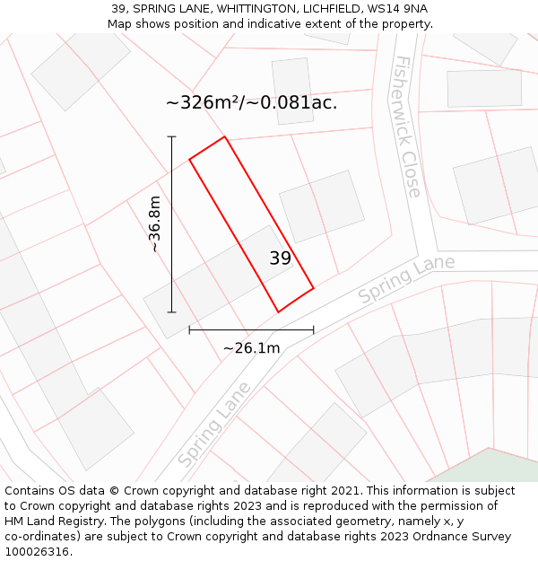 39, SPRING LANE, WHITTINGTON, LICHFIELD, WS14 9NA: Plot and title map
