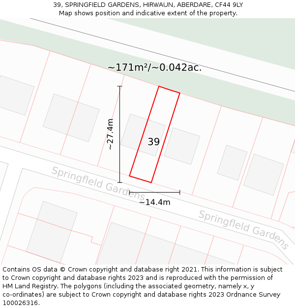 39, SPRINGFIELD GARDENS, HIRWAUN, ABERDARE, CF44 9LY: Plot and title map