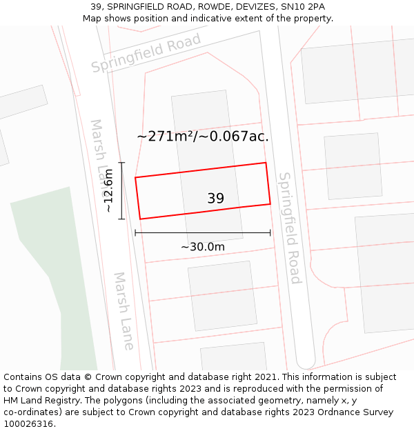 39, SPRINGFIELD ROAD, ROWDE, DEVIZES, SN10 2PA: Plot and title map