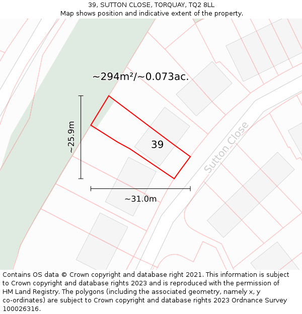 39, SUTTON CLOSE, TORQUAY, TQ2 8LL: Plot and title map
