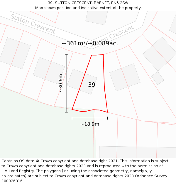 39, SUTTON CRESCENT, BARNET, EN5 2SW: Plot and title map