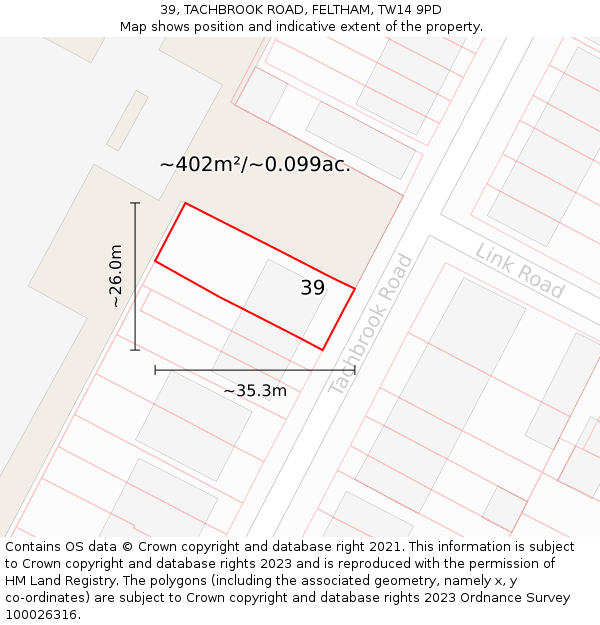 39, TACHBROOK ROAD, FELTHAM, TW14 9PD: Plot and title map