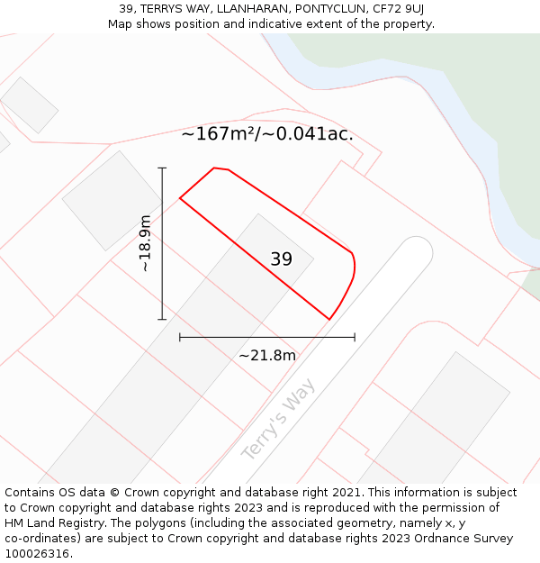 39, TERRYS WAY, LLANHARAN, PONTYCLUN, CF72 9UJ: Plot and title map