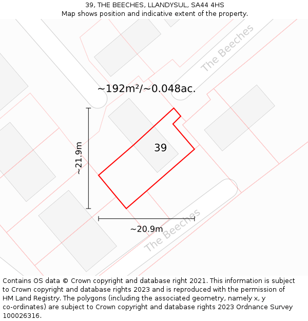 39, THE BEECHES, LLANDYSUL, SA44 4HS: Plot and title map