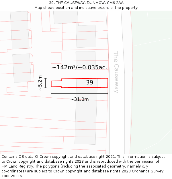39, THE CAUSEWAY, DUNMOW, CM6 2AA: Plot and title map