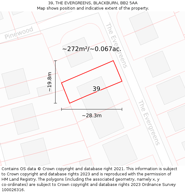 39, THE EVERGREENS, BLACKBURN, BB2 5AA: Plot and title map