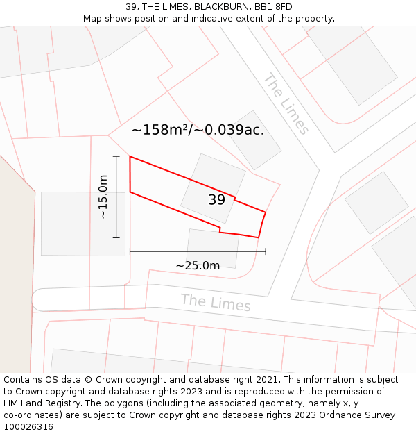 39, THE LIMES, BLACKBURN, BB1 8FD: Plot and title map
