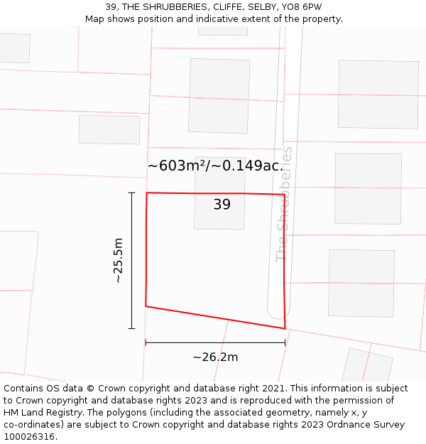 39, THE SHRUBBERIES, CLIFFE, SELBY, YO8 6PW: Plot and title map
