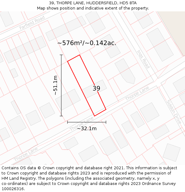 39, THORPE LANE, HUDDERSFIELD, HD5 8TA: Plot and title map