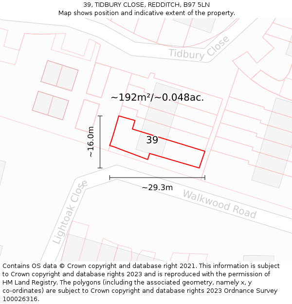 39, TIDBURY CLOSE, REDDITCH, B97 5LN: Plot and title map