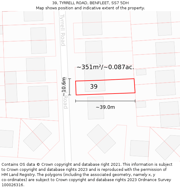 39, TYRRELL ROAD, BENFLEET, SS7 5DH: Plot and title map