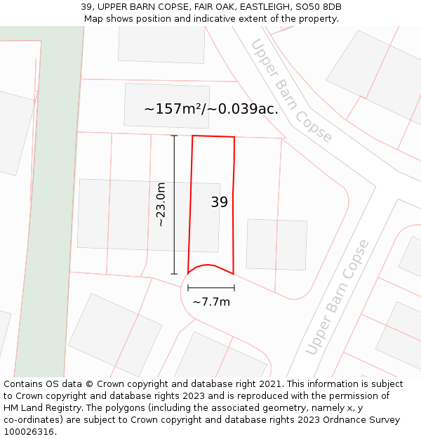 39, UPPER BARN COPSE, FAIR OAK, EASTLEIGH, SO50 8DB: Plot and title map