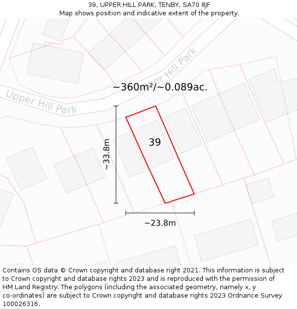 39, UPPER HILL PARK, TENBY, SA70 8JF: Plot and title map