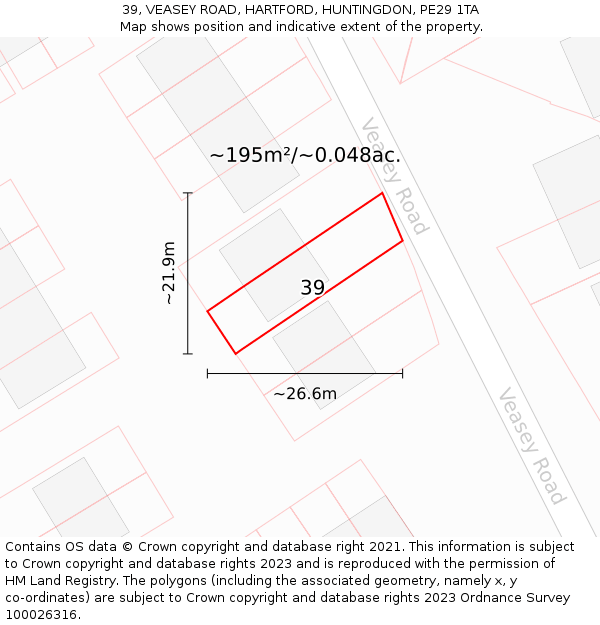 39, VEASEY ROAD, HARTFORD, HUNTINGDON, PE29 1TA: Plot and title map