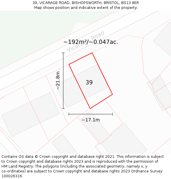 39, VICARAGE ROAD, BISHOPSWORTH, BRISTOL, BS13 8ER: Plot and title map