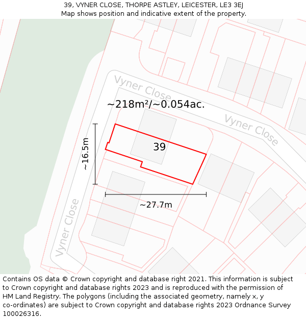 39, VYNER CLOSE, THORPE ASTLEY, LEICESTER, LE3 3EJ: Plot and title map