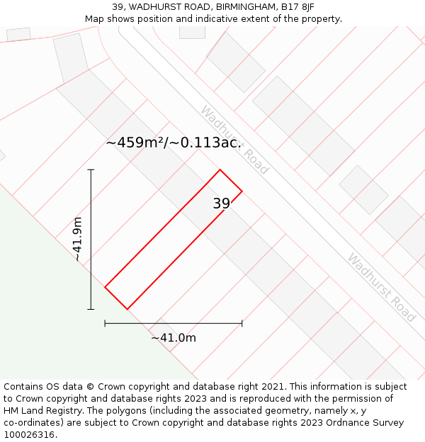 39, WADHURST ROAD, BIRMINGHAM, B17 8JF: Plot and title map