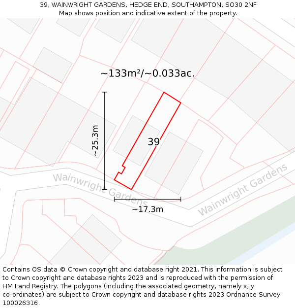 39, WAINWRIGHT GARDENS, HEDGE END, SOUTHAMPTON, SO30 2NF: Plot and title map