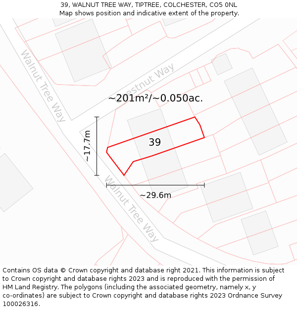 39, WALNUT TREE WAY, TIPTREE, COLCHESTER, CO5 0NL: Plot and title map
