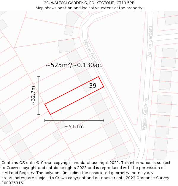39, WALTON GARDENS, FOLKESTONE, CT19 5PR: Plot and title map