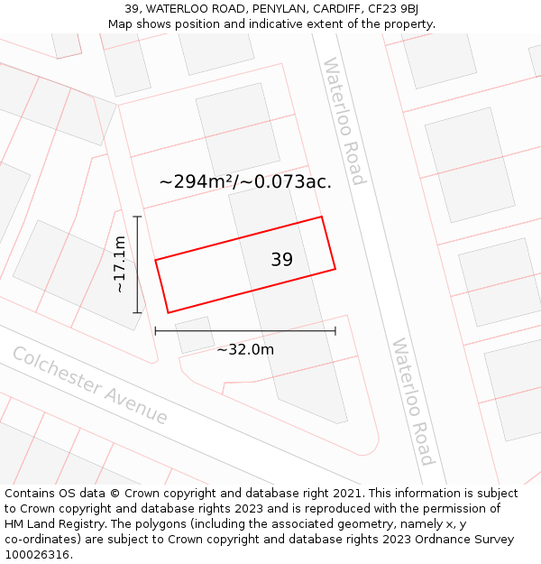 39, WATERLOO ROAD, PENYLAN, CARDIFF, CF23 9BJ: Plot and title map