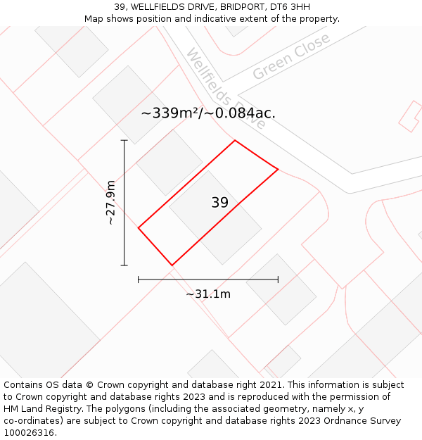39, WELLFIELDS DRIVE, BRIDPORT, DT6 3HH: Plot and title map