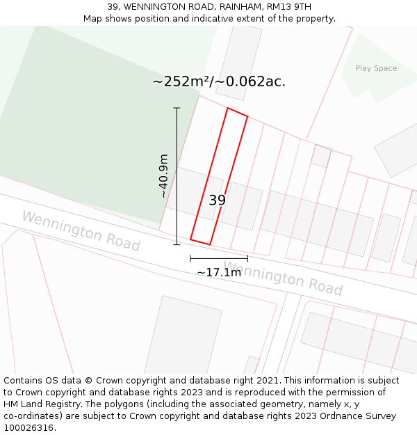 39, WENNINGTON ROAD, RAINHAM, RM13 9TH: Plot and title map
