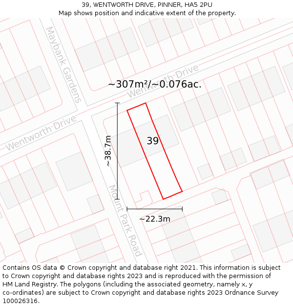 39, WENTWORTH DRIVE, PINNER, HA5 2PU: Plot and title map