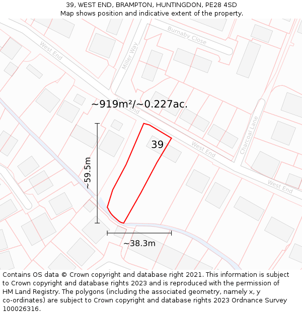 39, WEST END, BRAMPTON, HUNTINGDON, PE28 4SD: Plot and title map
