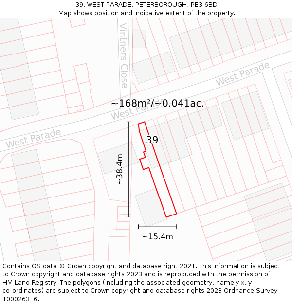 39, WEST PARADE, PETERBOROUGH, PE3 6BD: Plot and title map