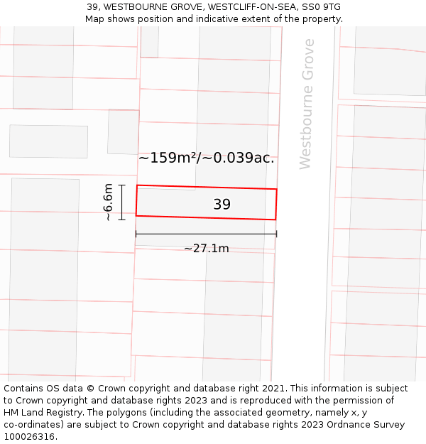 39, WESTBOURNE GROVE, WESTCLIFF-ON-SEA, SS0 9TG: Plot and title map