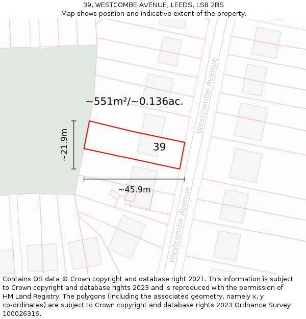 39, WESTCOMBE AVENUE, LEEDS, LS8 2BS: Plot and title map