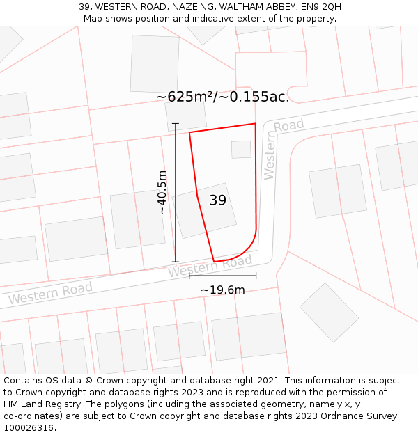 39, WESTERN ROAD, NAZEING, WALTHAM ABBEY, EN9 2QH: Plot and title map