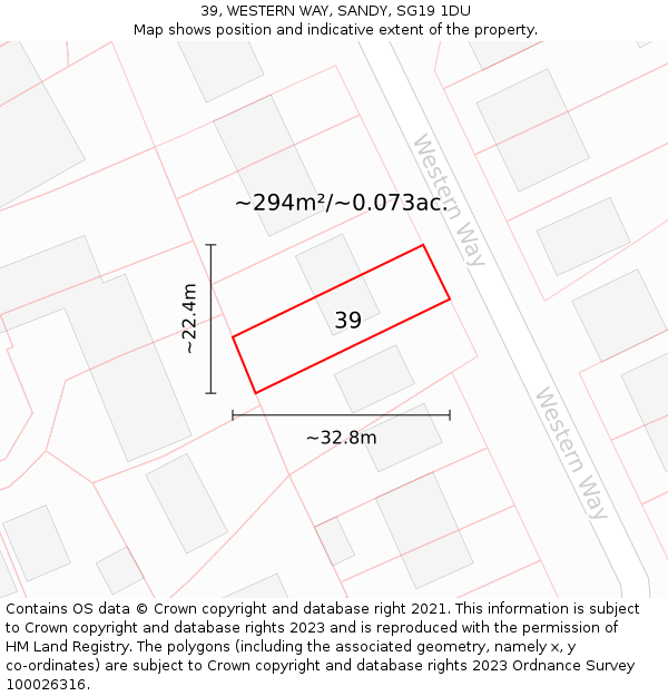 39, WESTERN WAY, SANDY, SG19 1DU: Plot and title map