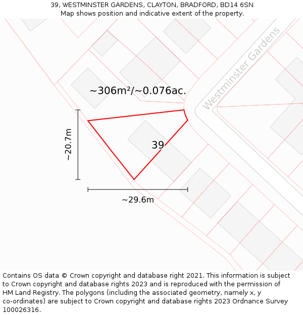39, WESTMINSTER GARDENS, CLAYTON, BRADFORD, BD14 6SN: Plot and title map